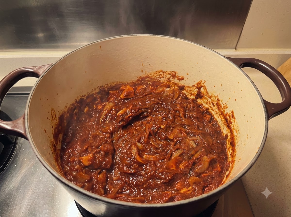 Liquid broth being poured into a large Dutch oven filled with a rich, dark curry paste base.