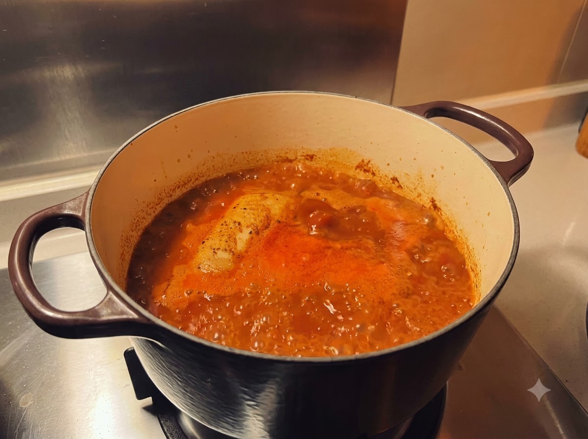 A single seasoned chicken leg submerged in a bubbling, vibrant orange-red curry broth inside a pot.