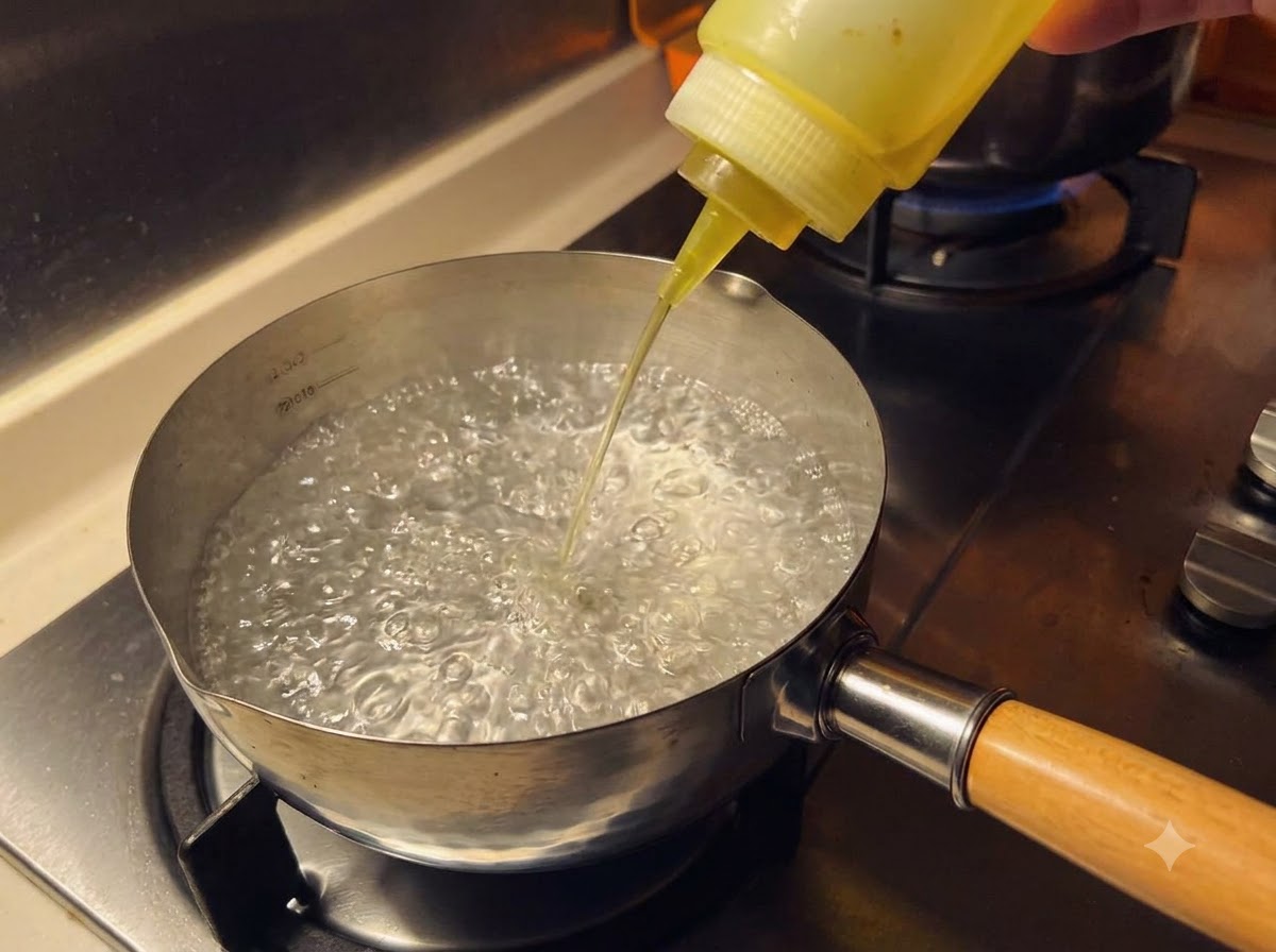 Cooking oil being poured from a squeeze bottle into a small pot of bubbling boiling water on a stove.
