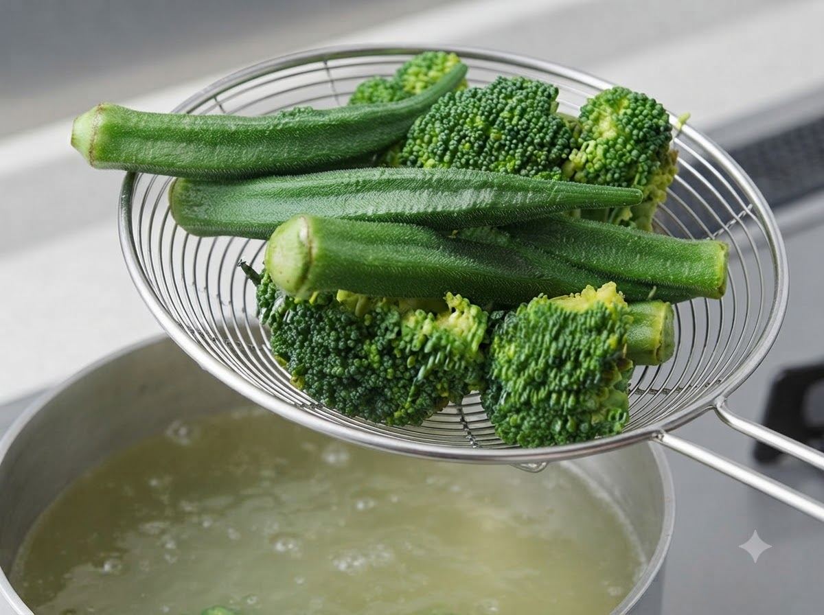 A wire mesh strainer holding freshly blanched broccoli florets and whole green okras over a steaming pot.