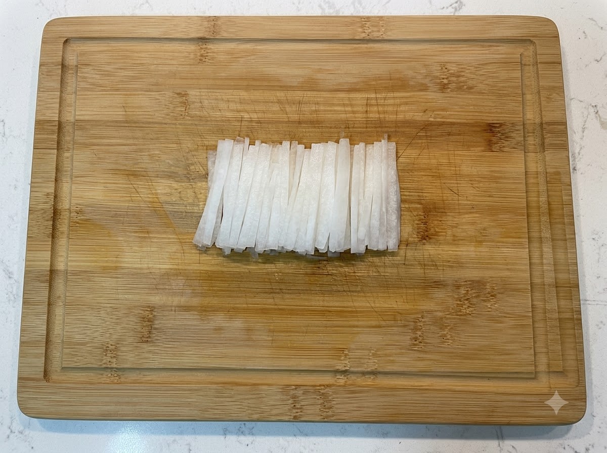 Thinly sliced white radish arranged neatly on a wooden cutting board.