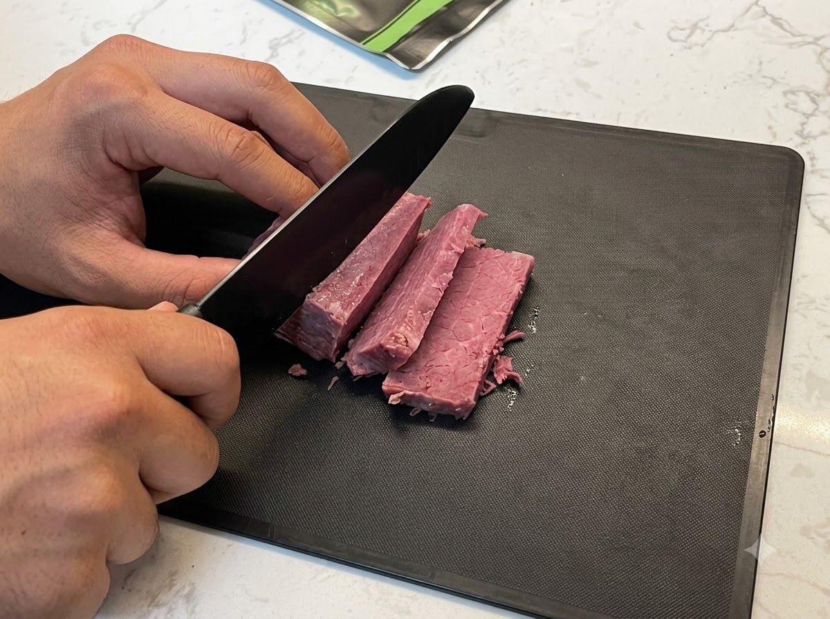 Thick pieces of cooked beef being sliced on a dark cutting board.