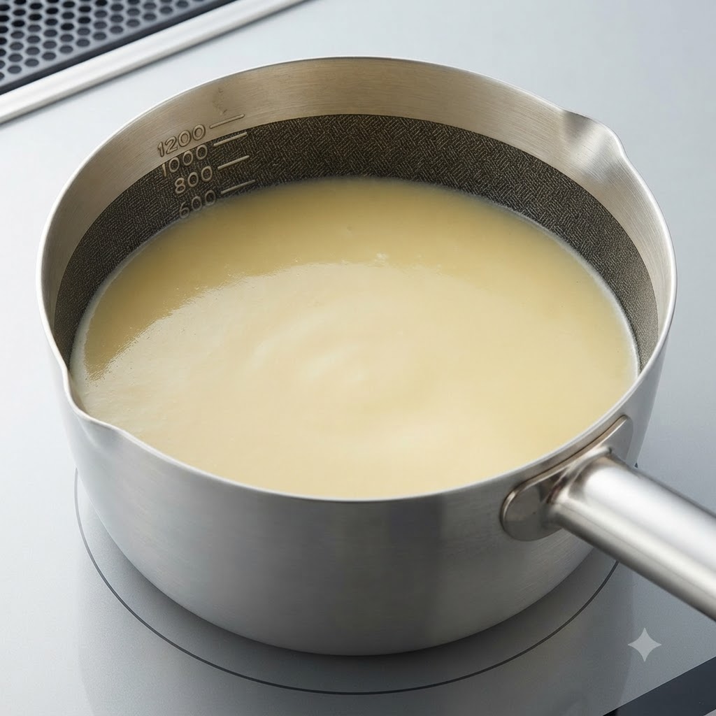 Smooth white miso broth being mixed inside a metal saucepan.