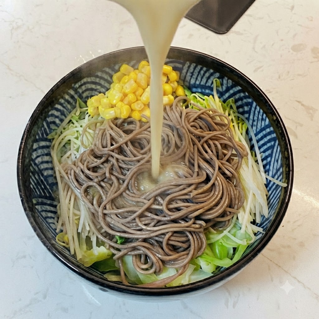 Hot miso broth being poured from a pitcher into a bowl containing buckwheat noodles, cabbage, bean sprouts, and corn.