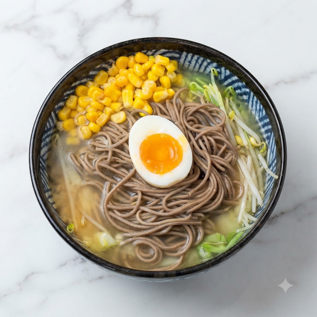 A halved soft-boiled egg placed delicately on top of the buckwheat noodles in a bowl.