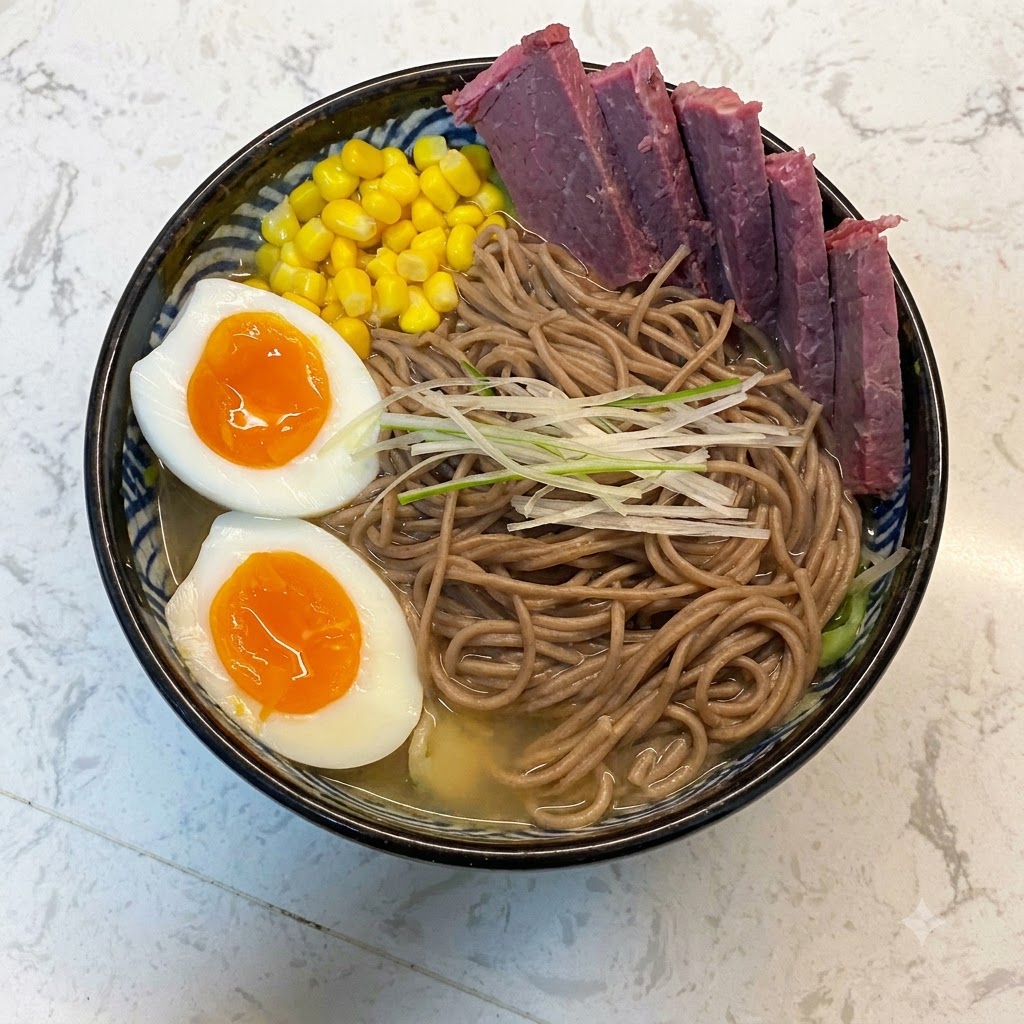 Slices of beef arranged neatly along the rim of the ramen bowl over the noodles and soup.