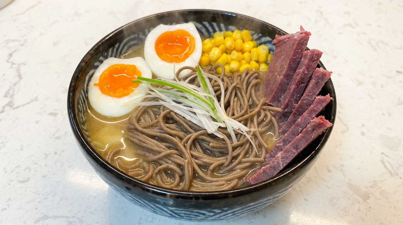 Low-Fat Miso Soba Ramen with Beef and Egg