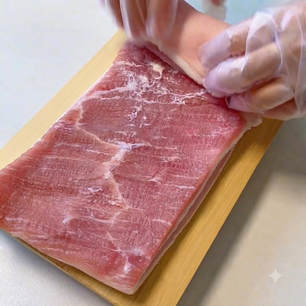 Hands in protective gloves tightly rolling a flat cut of raw pork belly on a wooden board.