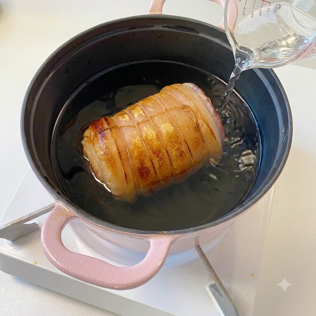 Water and cooking sauces being poured from a measuring cup into a pink pot containing the seared pork roll.