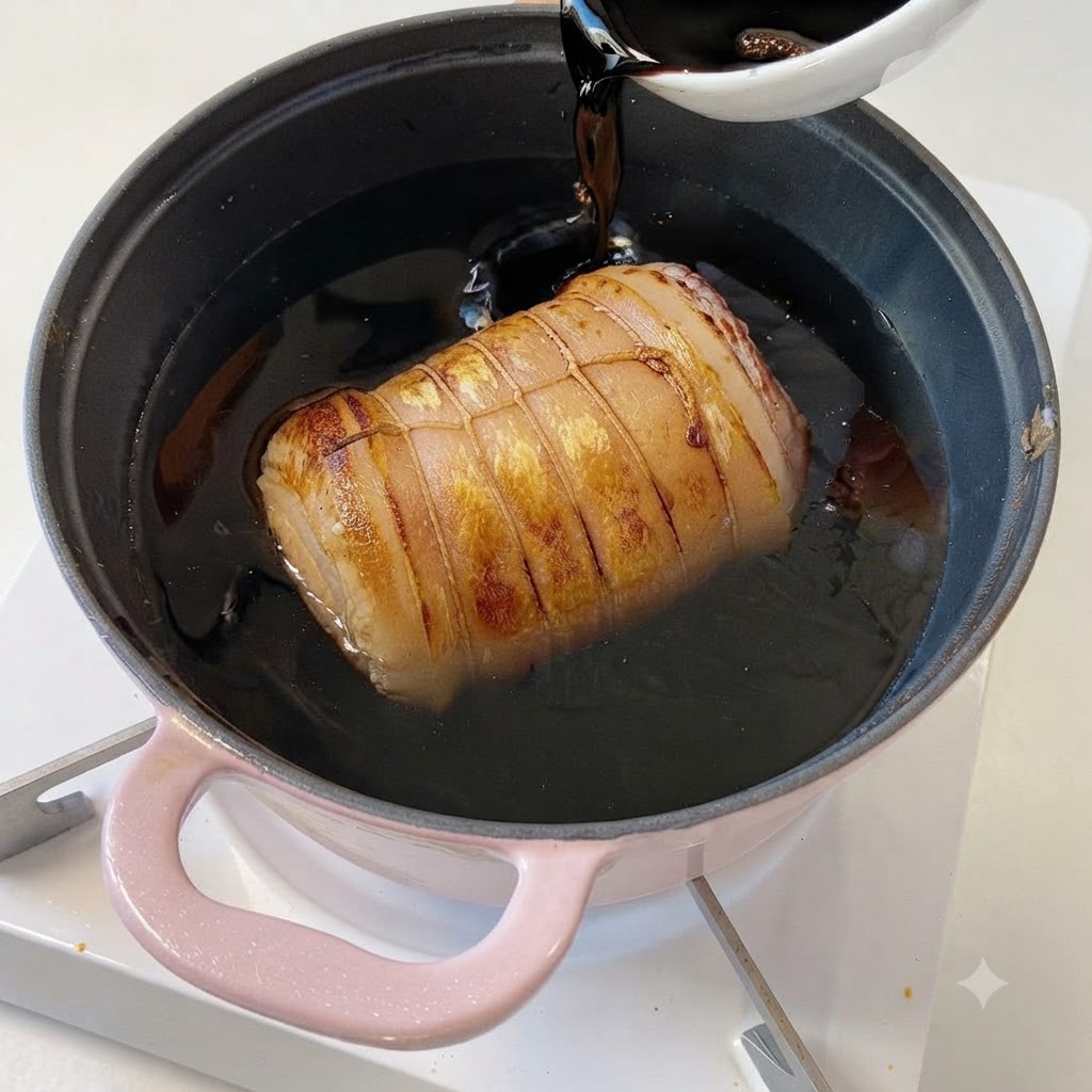 White sugar being poured from a small white dish into the braising liquid inside the pink pot.
