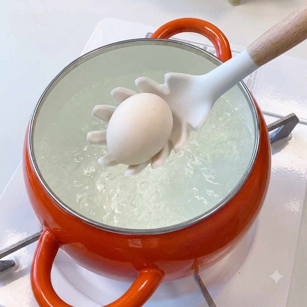 An egg being lowered on a slotted spoon into a bright orange pot filled with boiling water.