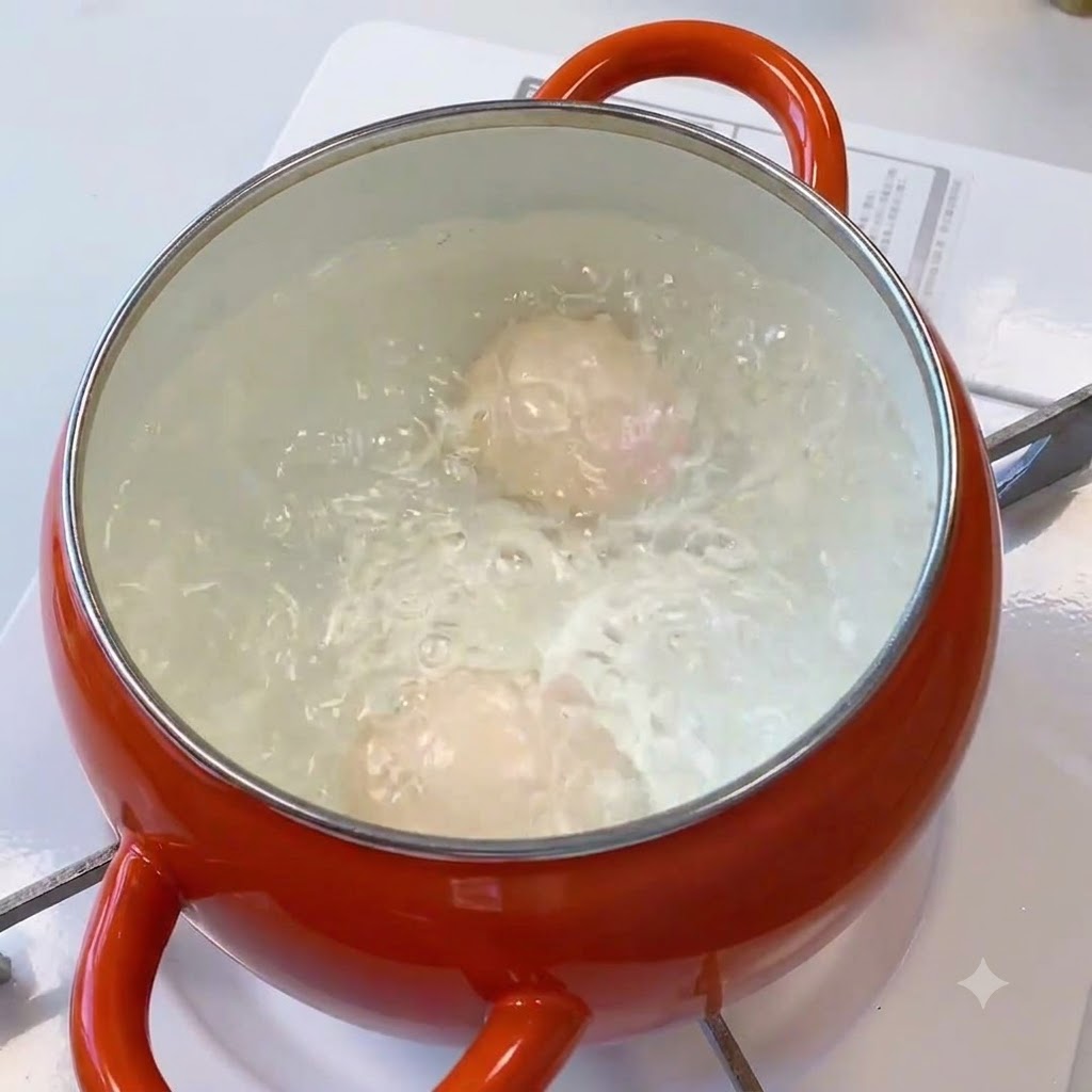 Eggs boiling vigorously inside an orange pot of water.