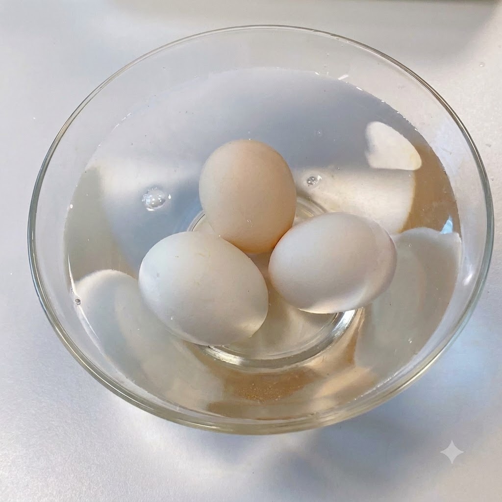 Three peeled white eggs resting inside a clear glass bowl filled with cold water.