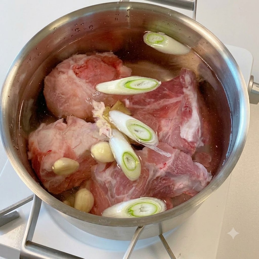Raw pork bone pieces, sliced scallions, and garlic cloves sitting in a pot of water.