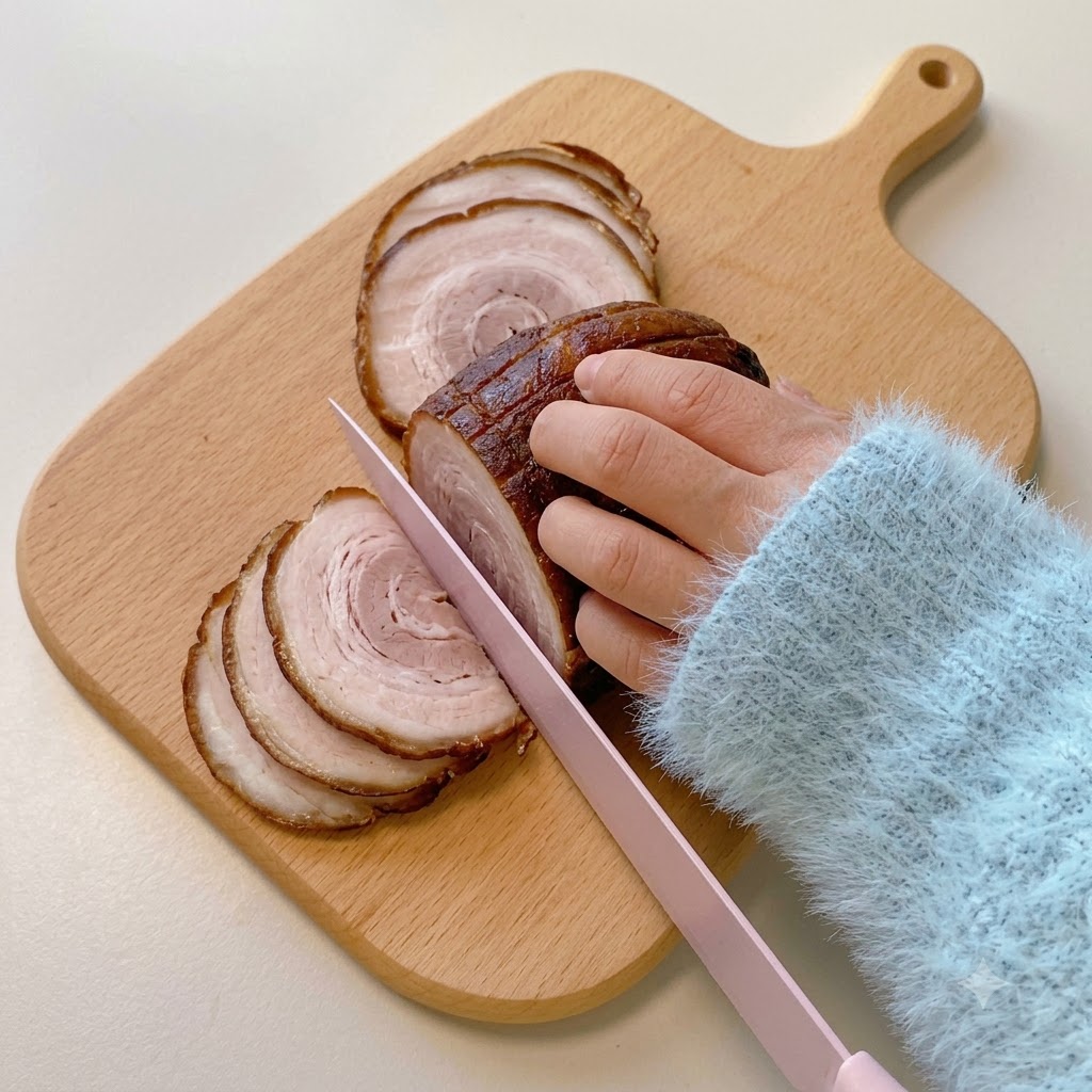 A hand using a pink knife to slice a braised chashu pork roll on a wooden cutting board into neat rounds.