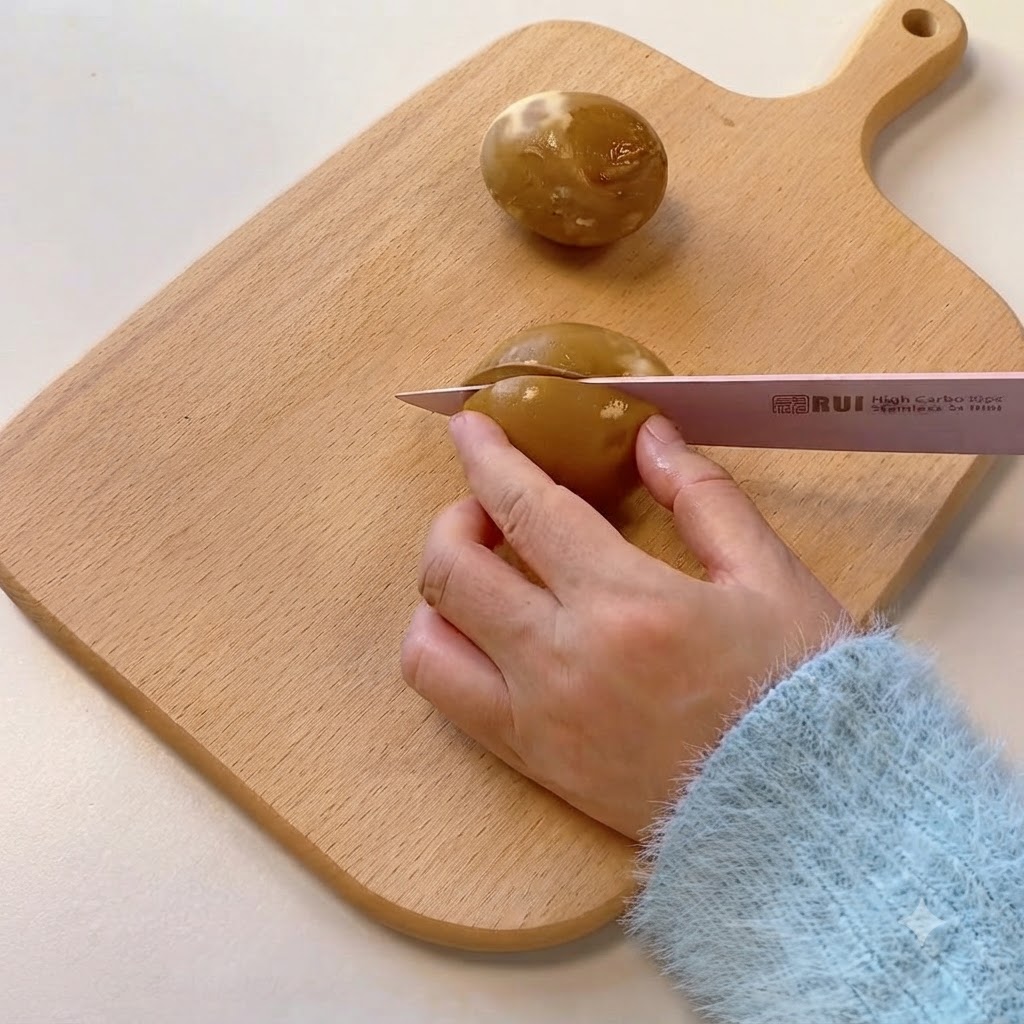 A marinated soft-boiled egg being cut in half on a wooden cutting board, exposing the soft jammy yolk.