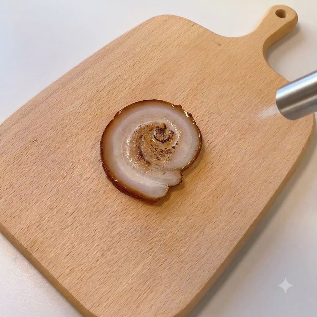 A culinary blowtorch being used to char the surface of a single chashu pork slice on a wooden board.