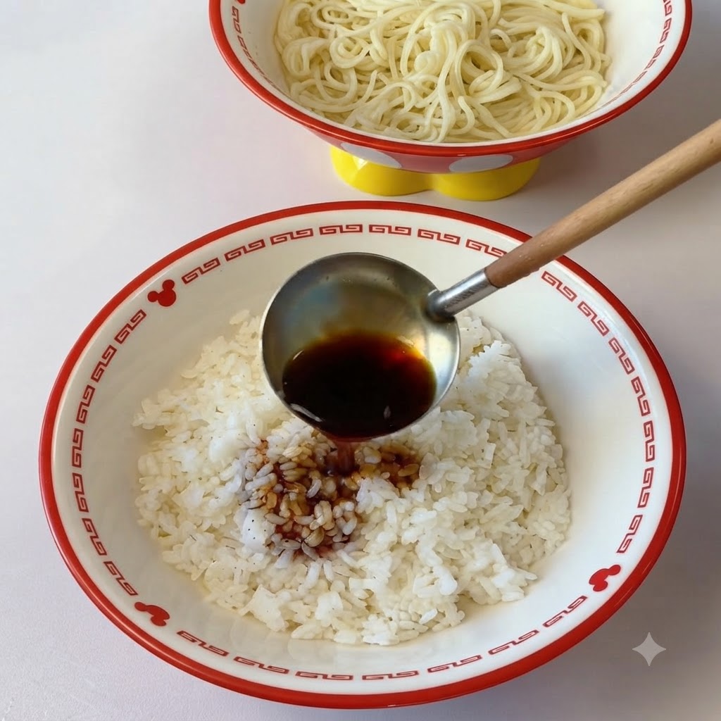 A ladle pouring dark seasoning sauce and meat broth over a bowl of cooked white rice.