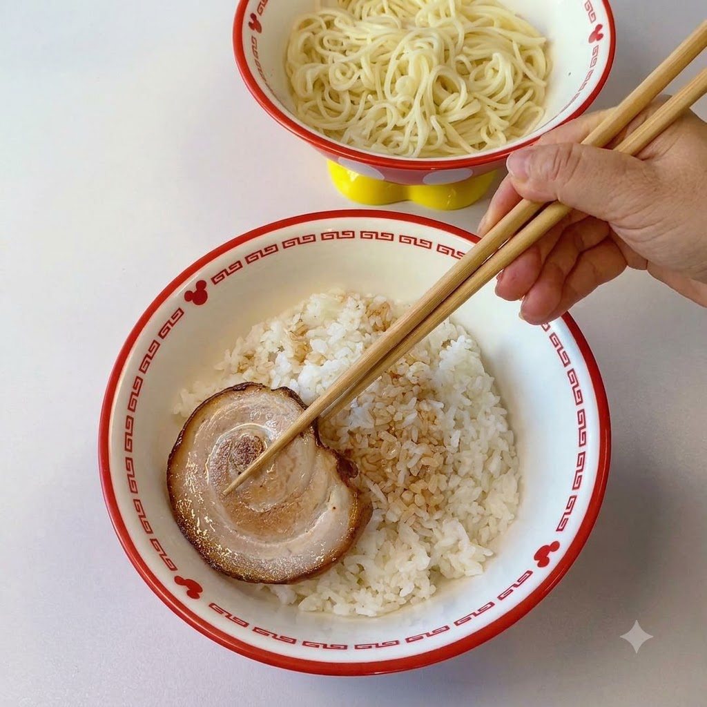 Chopsticks placing a slice of chashu pork onto the seasoned rice bowl.