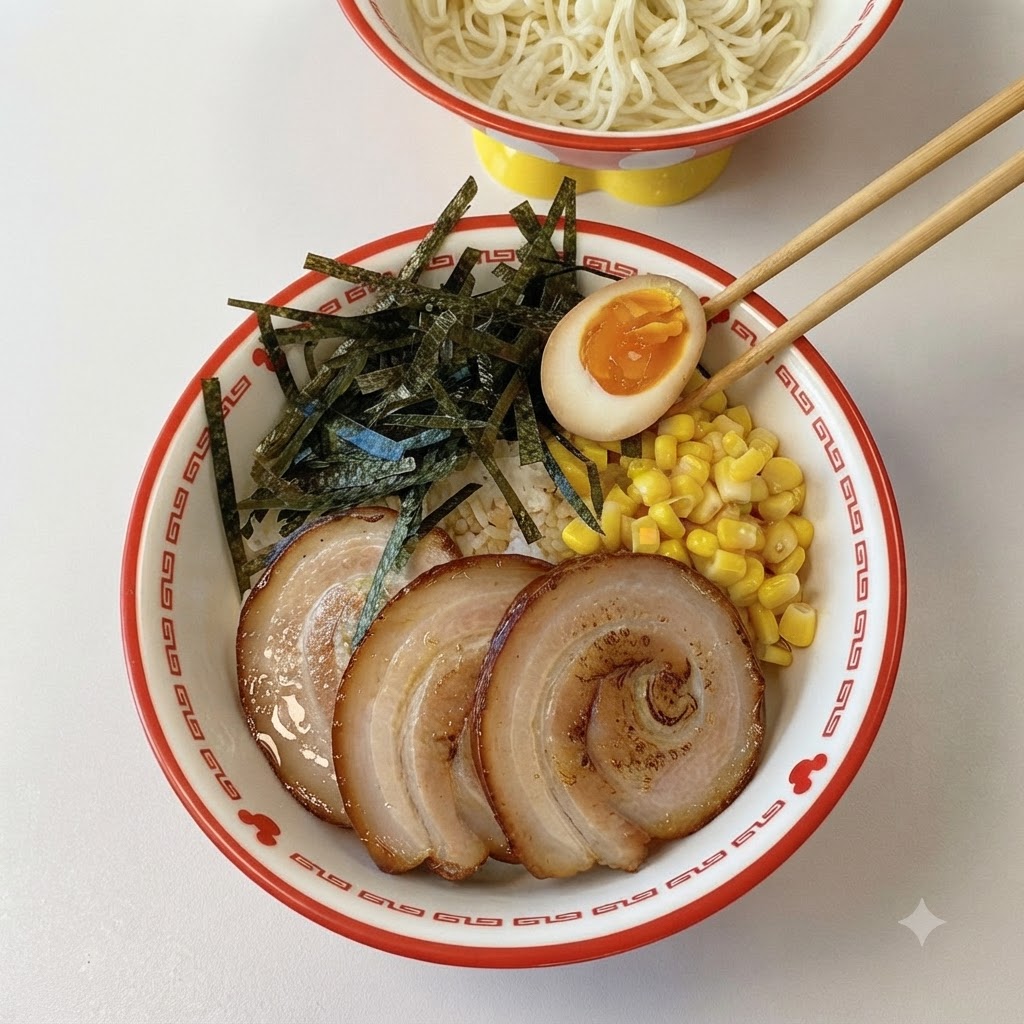 Chopsticks gently placing a halved soft-boiled egg with a bright orange gooey center onto a prepared bowl of chashu rice.