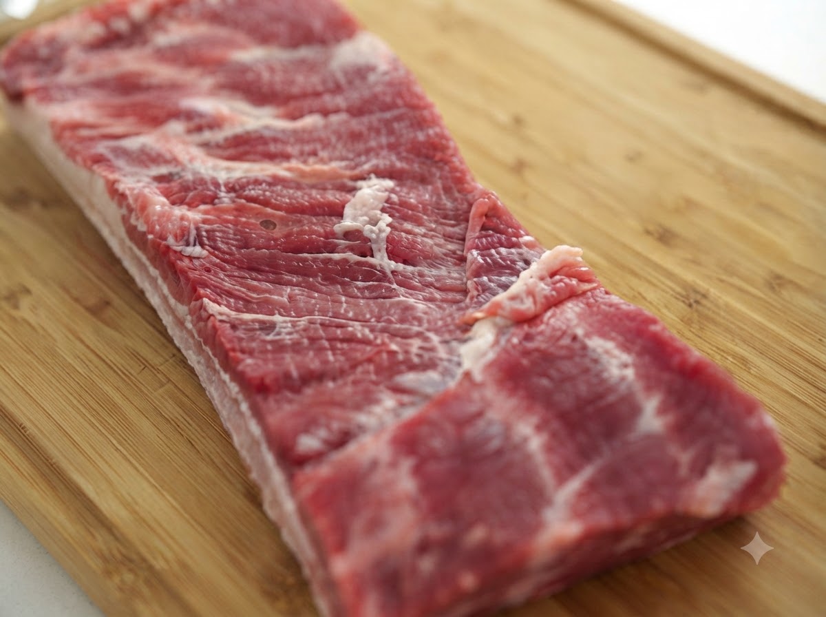 A tight cylinder of raw lean pork belly rolled up on a bamboo cutting board.