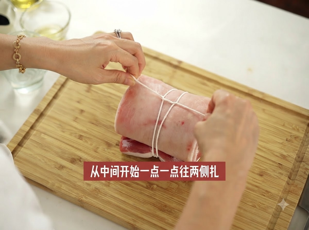A rolled piece of pork belly being securely tied with white cooking twine along its length.