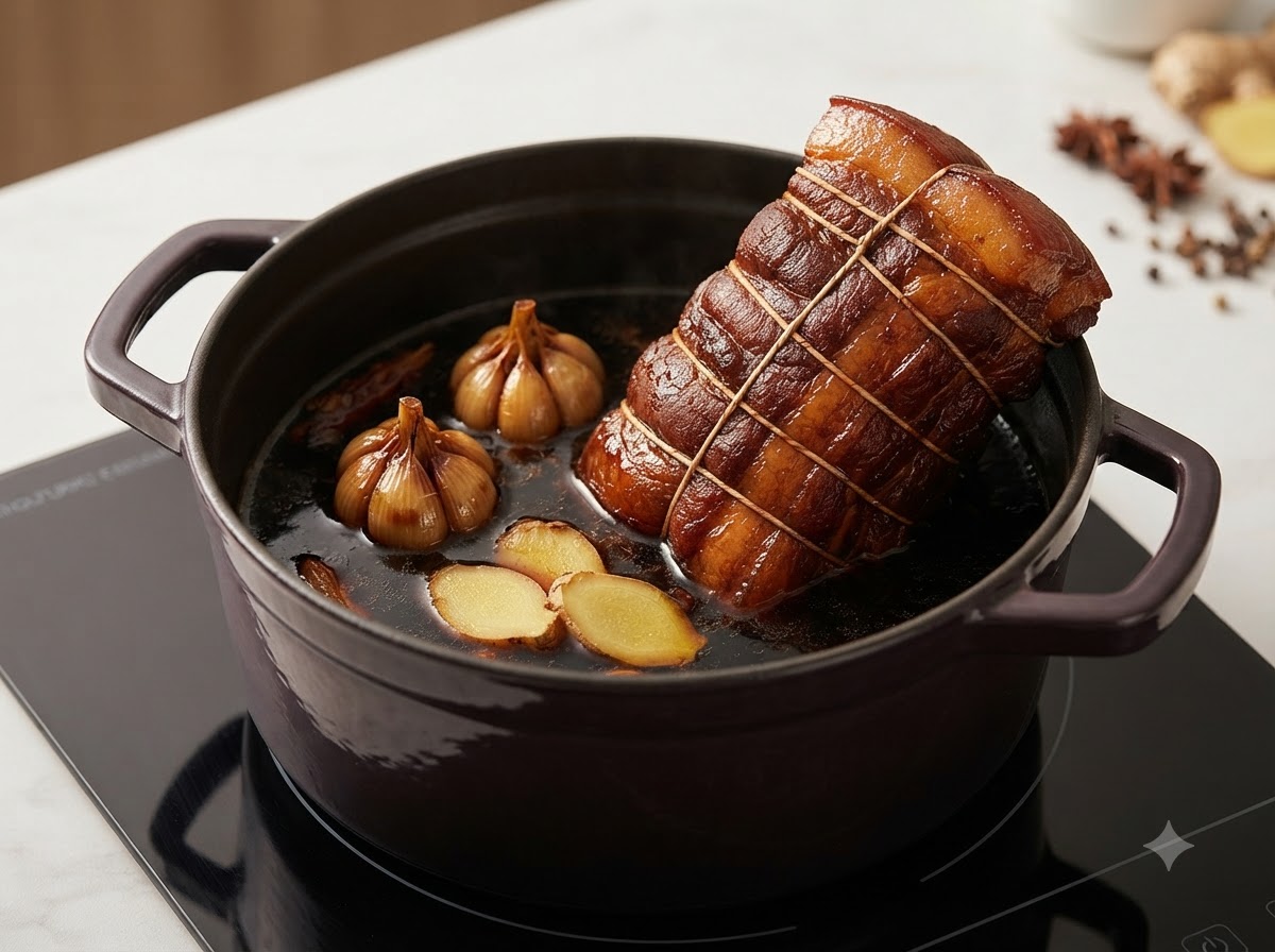 A pot containing the seared pork roll, garlic cloves, ginger slices, and dark braising liquid.