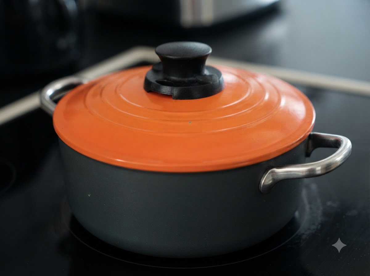 An orange Dutch oven with a lid sitting on a stovetop or heating surface.