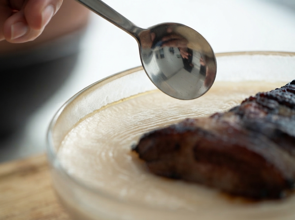 A metal spoon gently lifting a layer of solid white fat from the surface of chilled, gelatinous braising liquid in a clear bowl.