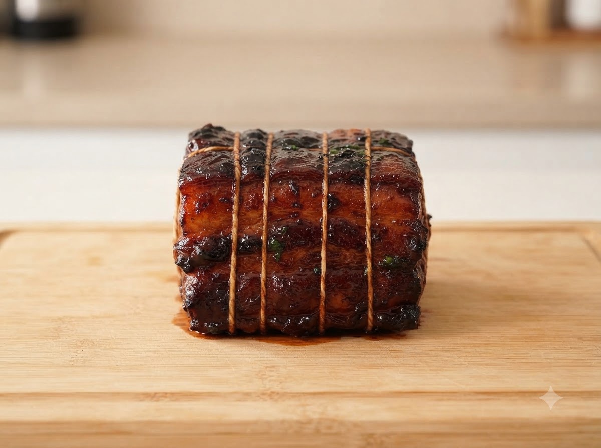 A sharp knife cutting through a firm, chilled chashu pork roll on a wooden cutting board, revealing neat layers of meat and fat.
