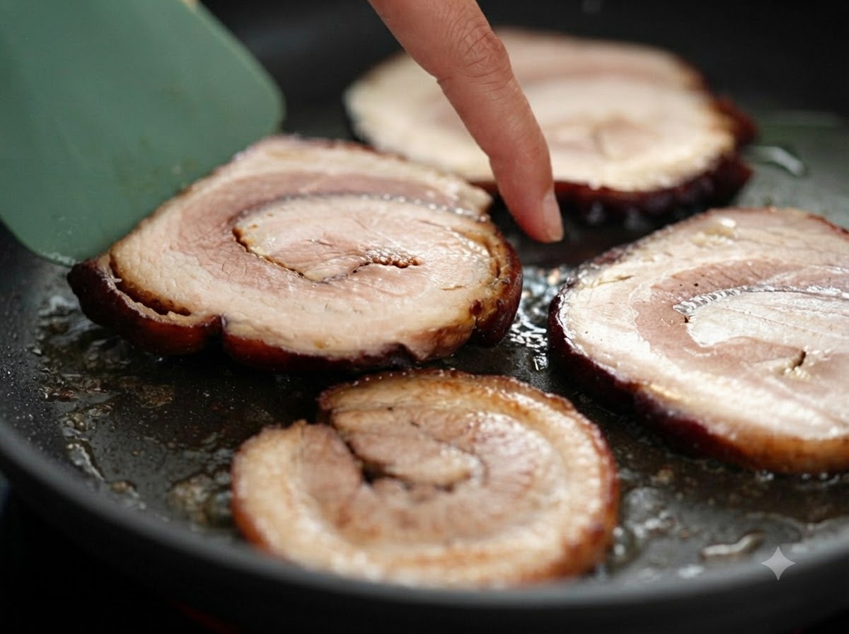 Thick circular slices of chashu pork belly sizzling in a frying pan being checked with a finger.