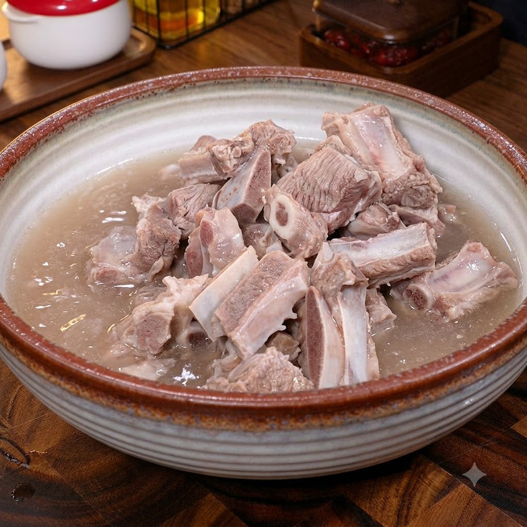 Beef steak pieces soaking and being rinsed in a large patterned ceramic bowl with water.
