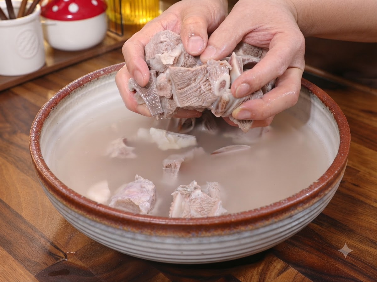 Hands placing blanched steak pieces into a pan containing ginger, scallions, and spices.