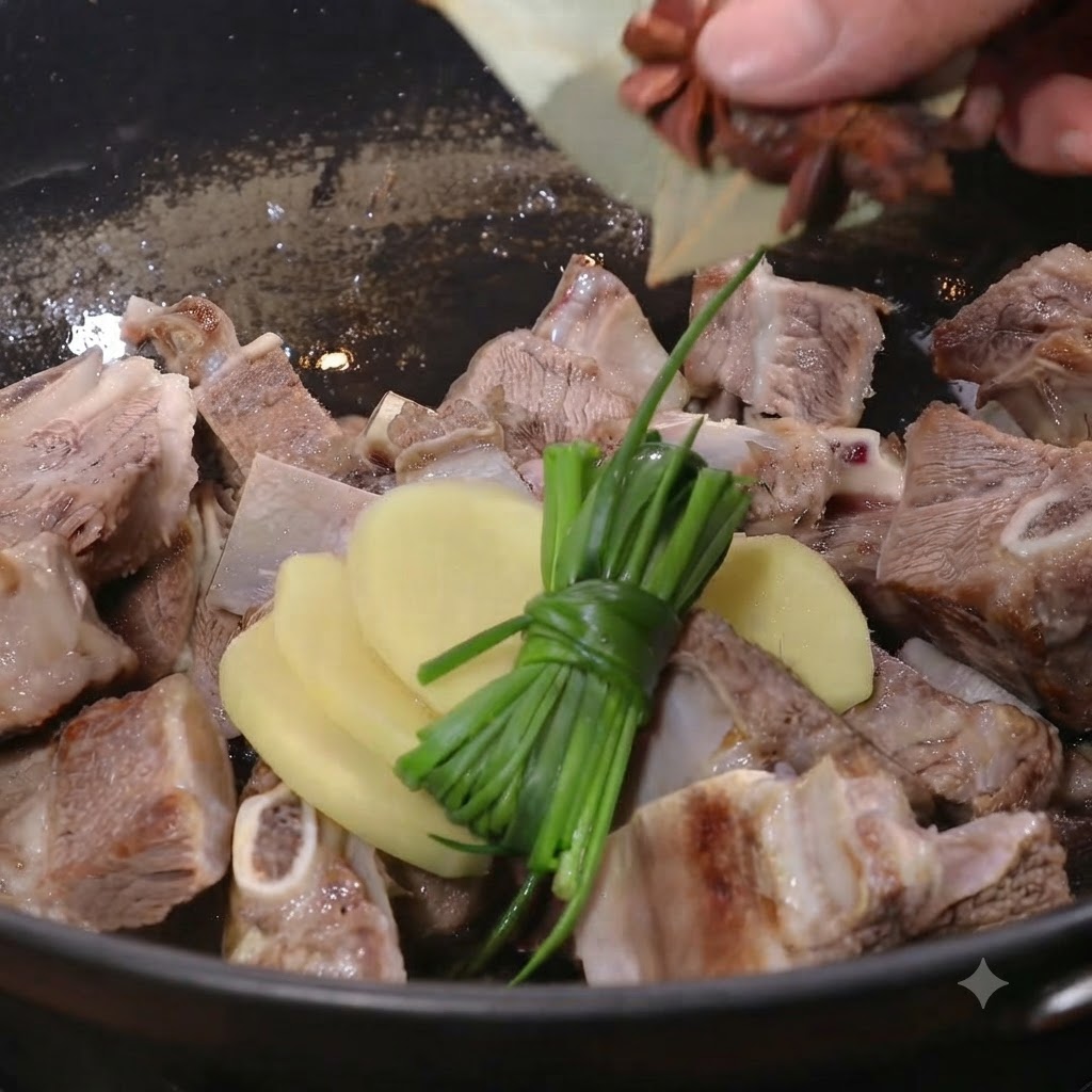 Ginger slices, tied scallions, and star anise being added into a pan with oil.
