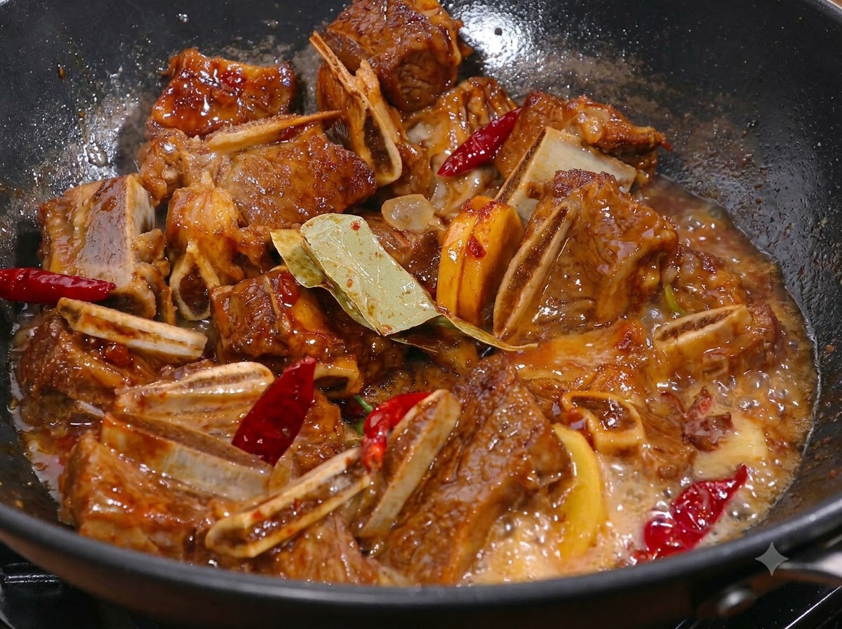 Steak pieces being coated with soy sauce and spices simmering in a wok.
