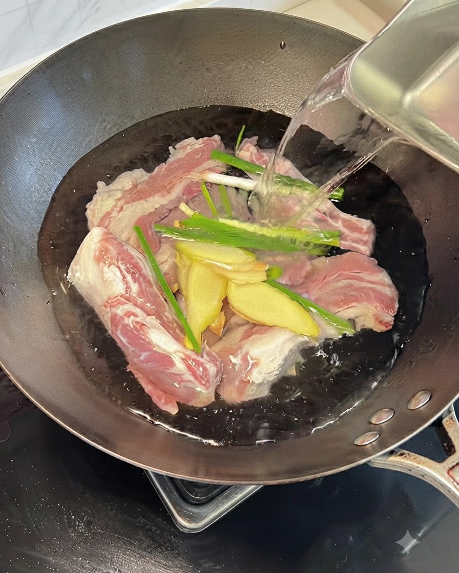 Raw beef ribs in a wok with water, ginger slices, and green onion stalks.