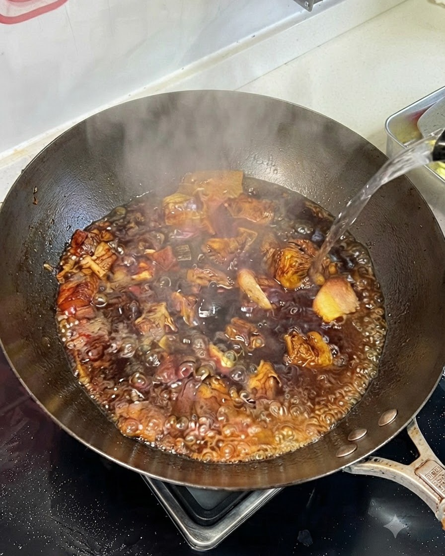 Hot water being poured from a container into a bubbling wok containing beef and dark braising sauce.