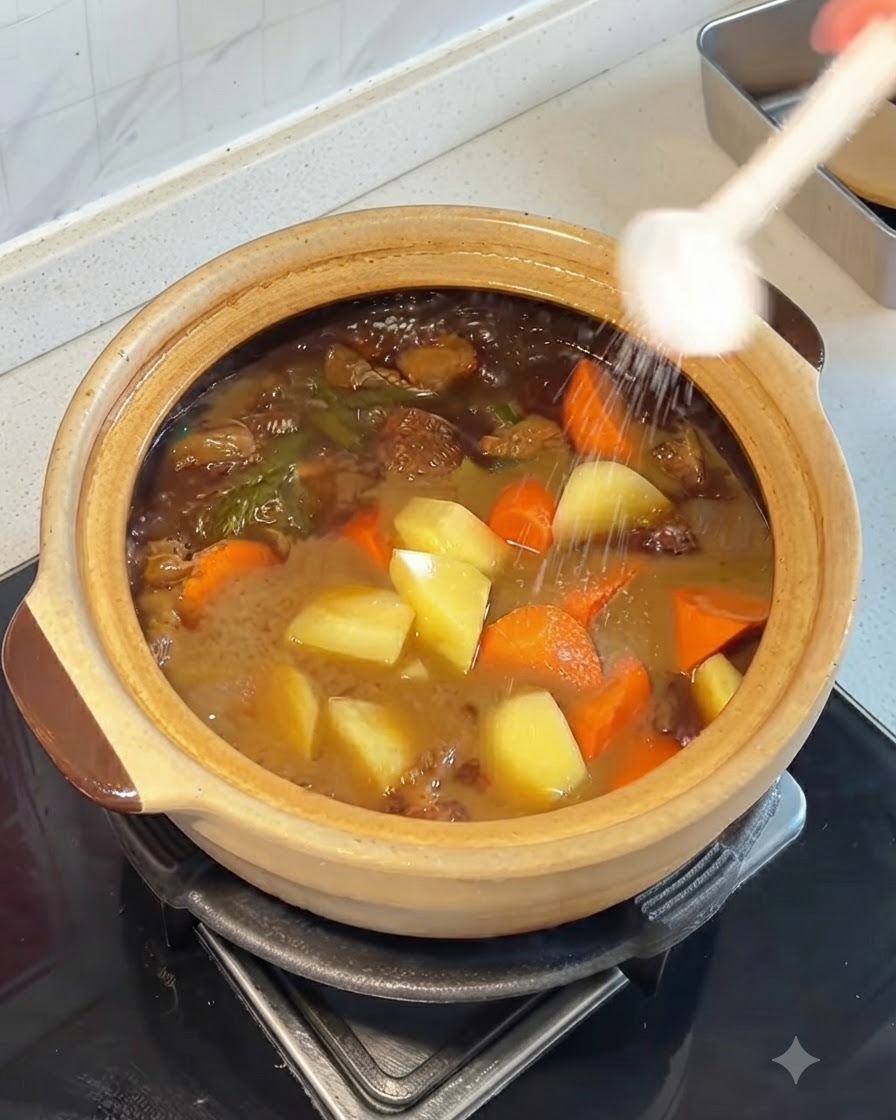 Salt being sprinkled from a spoon into a clay pot filled with beef, potatoes, and carrots before being covered with a lid.