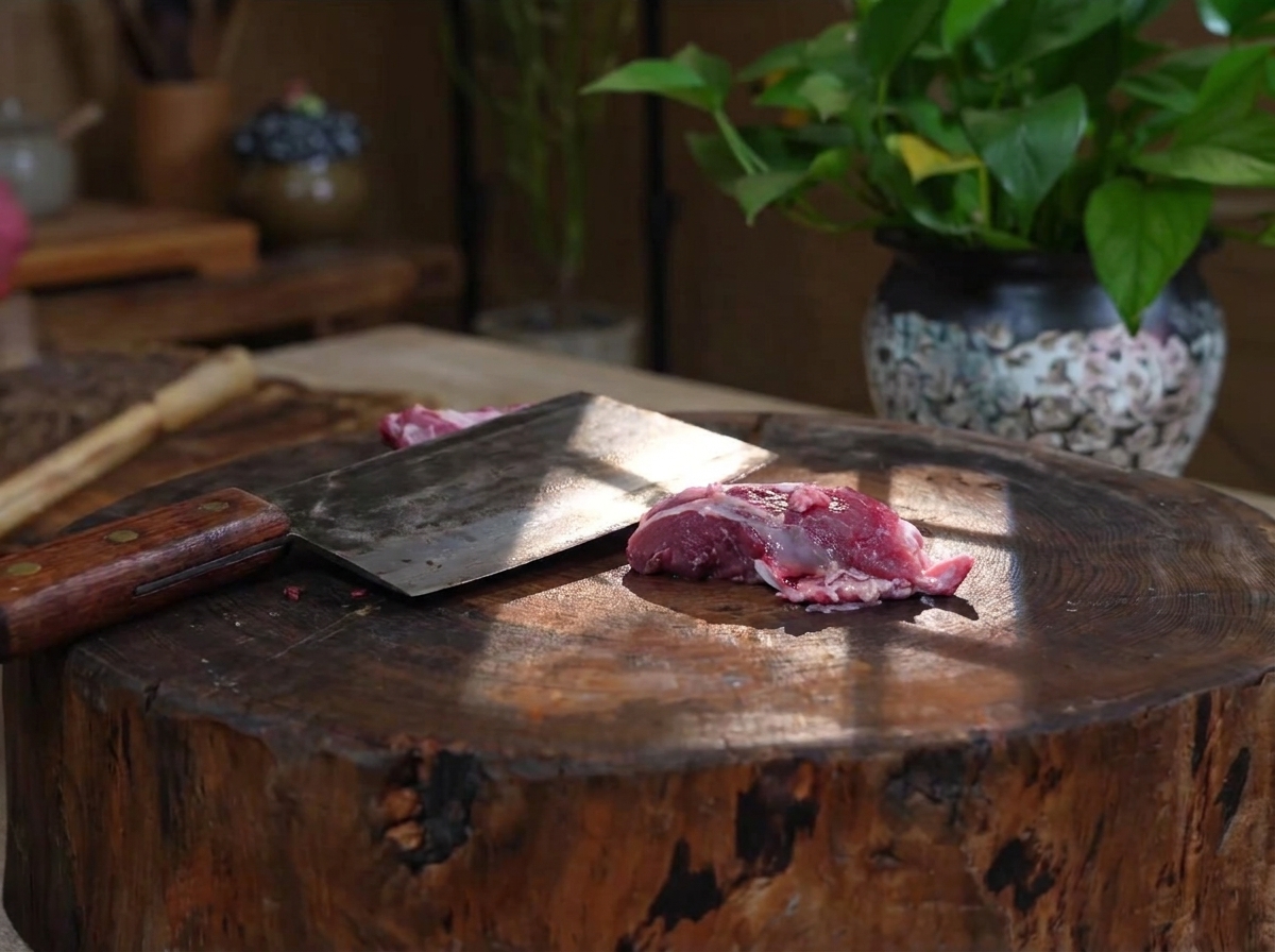 A large cleaver resting on a wooden cutting board next to a freshly chopped piece of raw beef rib.