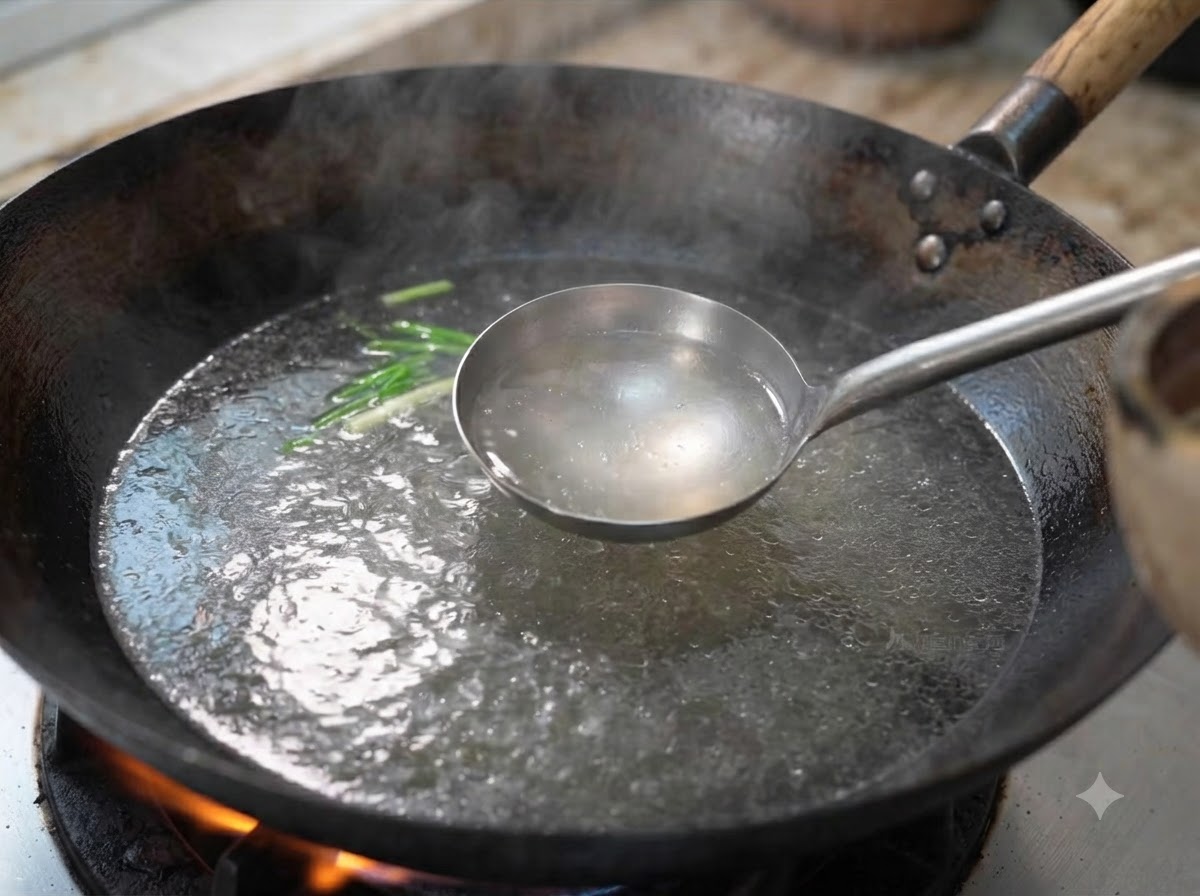A ladle skimming boiling water in a wok where beef ribs are being blanched.