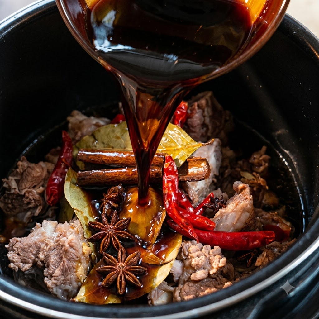 Dark sauce being poured from a bowl over star anise, cinnamon, dried chilies, and beef ribs in a pressure cooker.