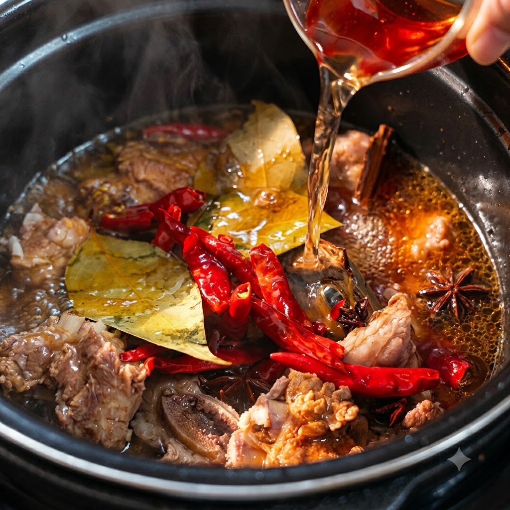 Pouring liquid into the pressure cooker containing beef ribs, spices, and dried red chilies.