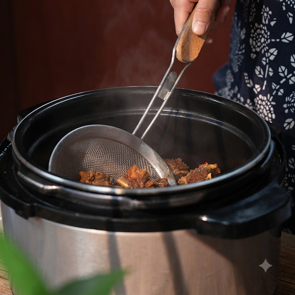 A strainer lifting cooked beef ribs out of a pressure cooker filled with dark broth.