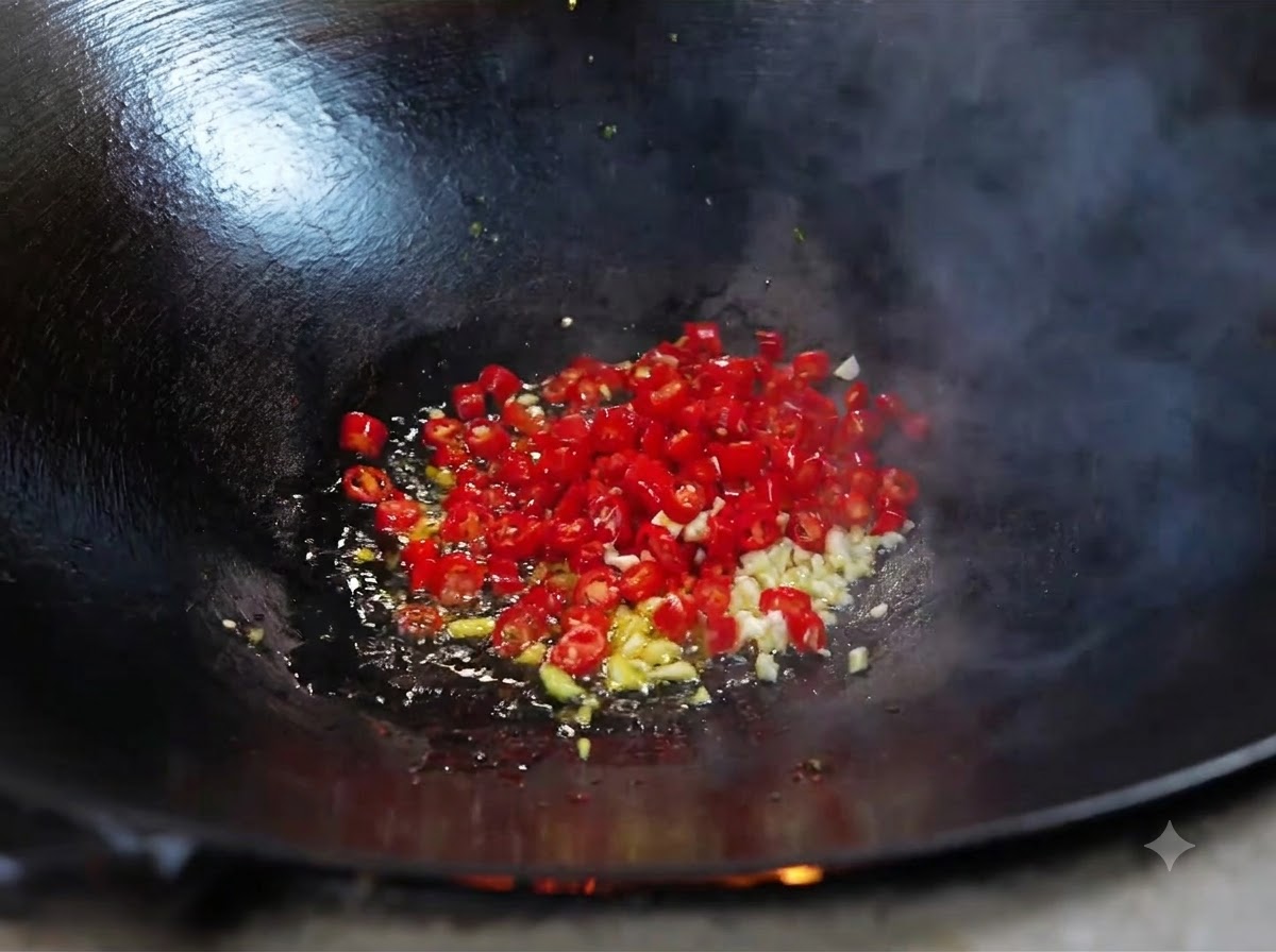 Chopped garlic and fresh red chilies frying in hot oil inside a wok.