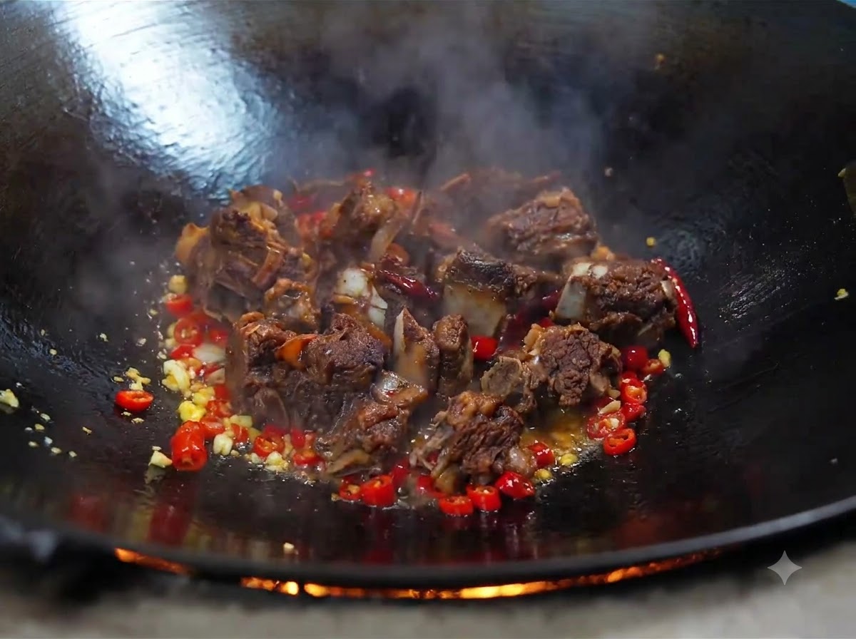 Cooked beef ribs added to a wok containing fried garlic and red chilies.