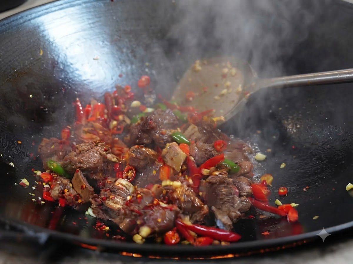 Beef ribs being stir-fried with chili powder and seasonings in a wok over high heat.