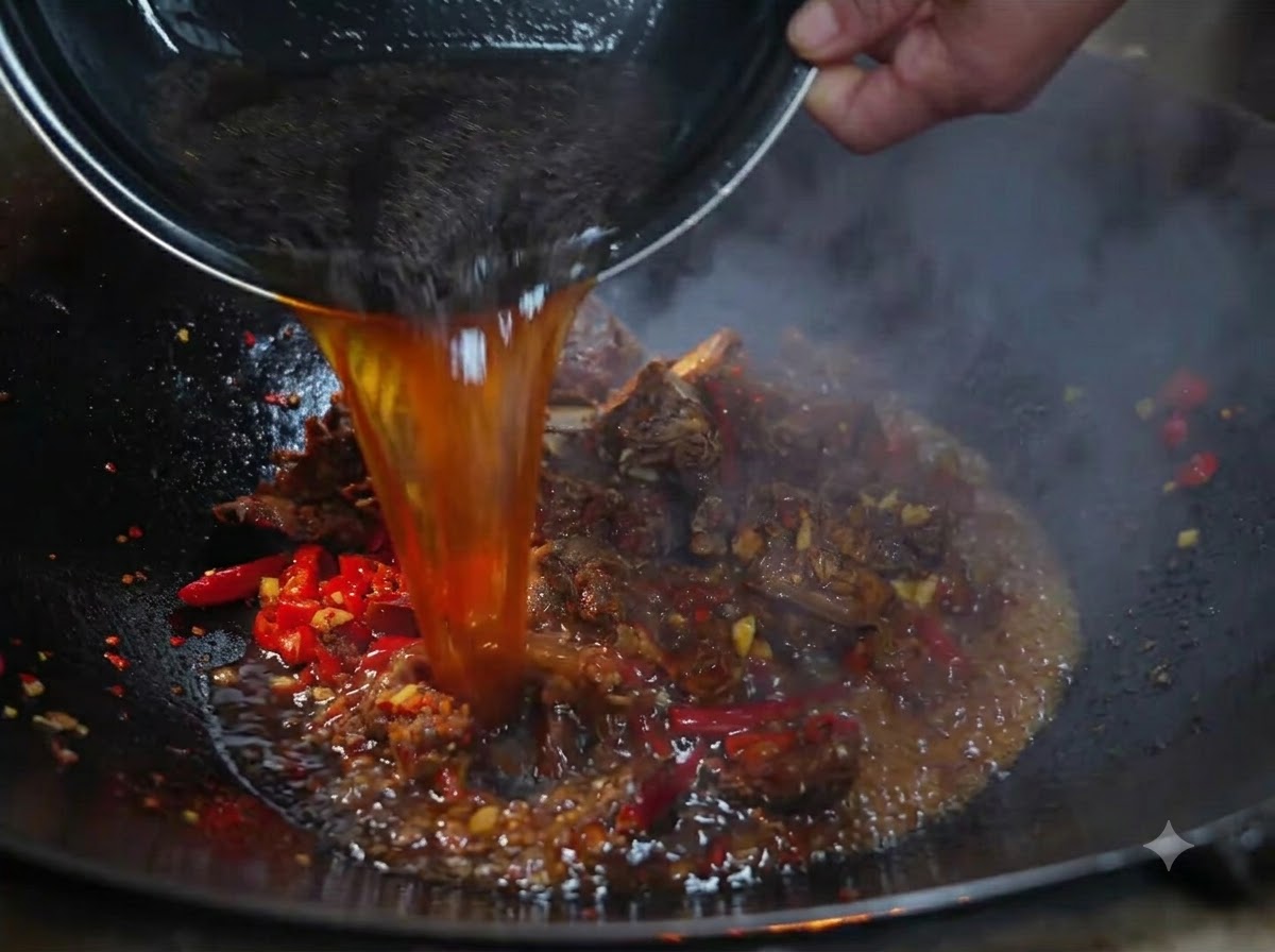 Dark broth being poured from a container into a wok containing seasoned beef ribs.