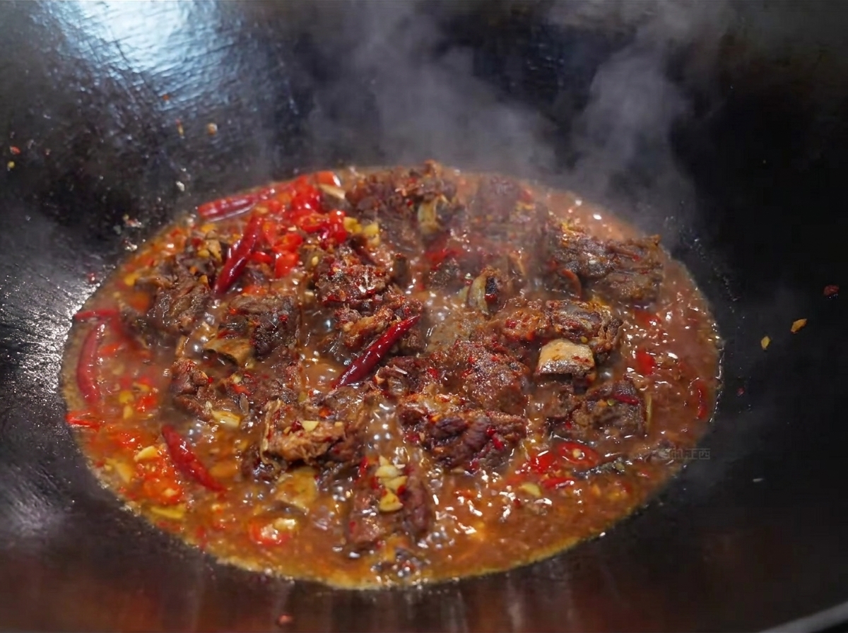 Fresh green cilantro and seasonings being mixed into simmering spicy beef ribs in a wok.