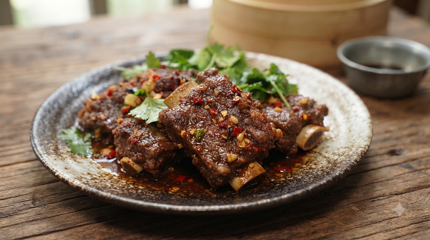 A rustic plate of spicy braised beef ribs coated in a dark, glossy sauce and garnished with red chilies and fresh cilantro.