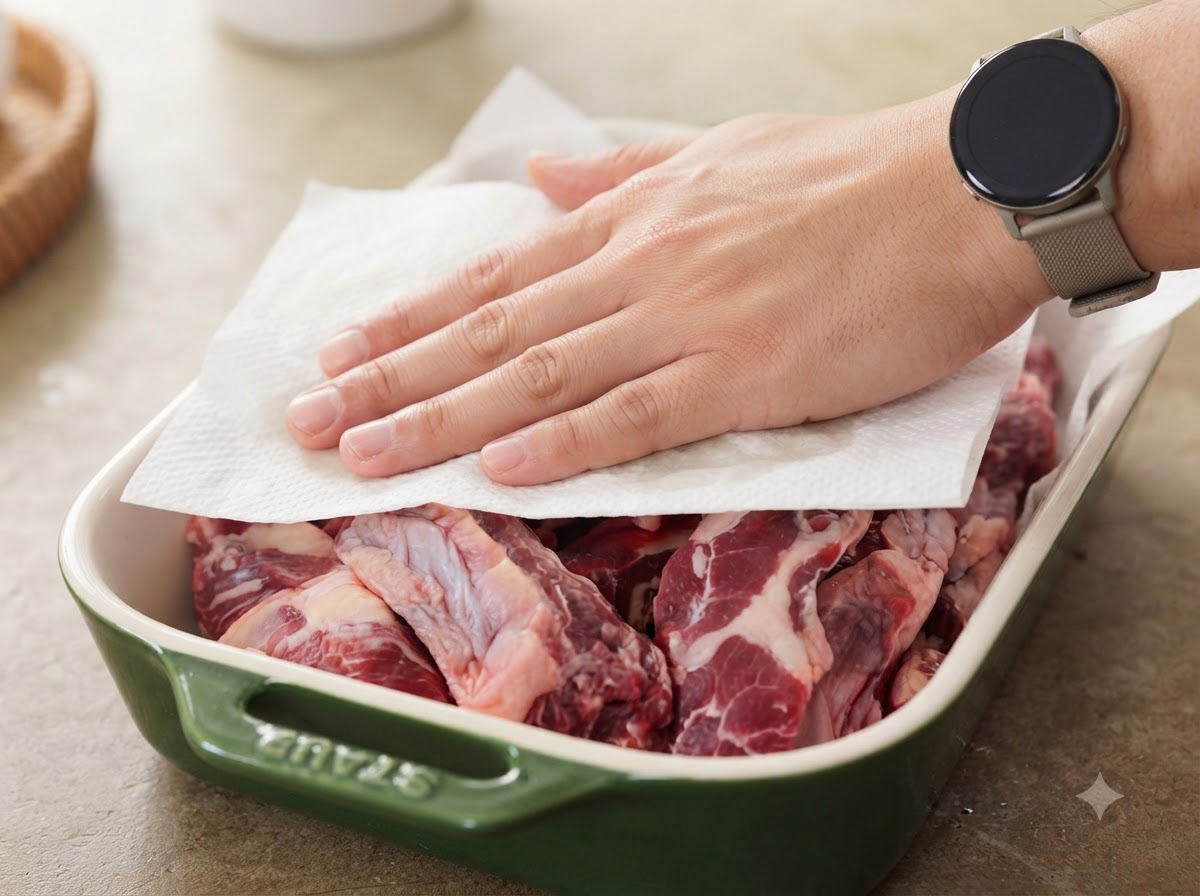 A pair of hands using a paper towel to press and dry raw beef ribs arranged in a green ceramic dish.